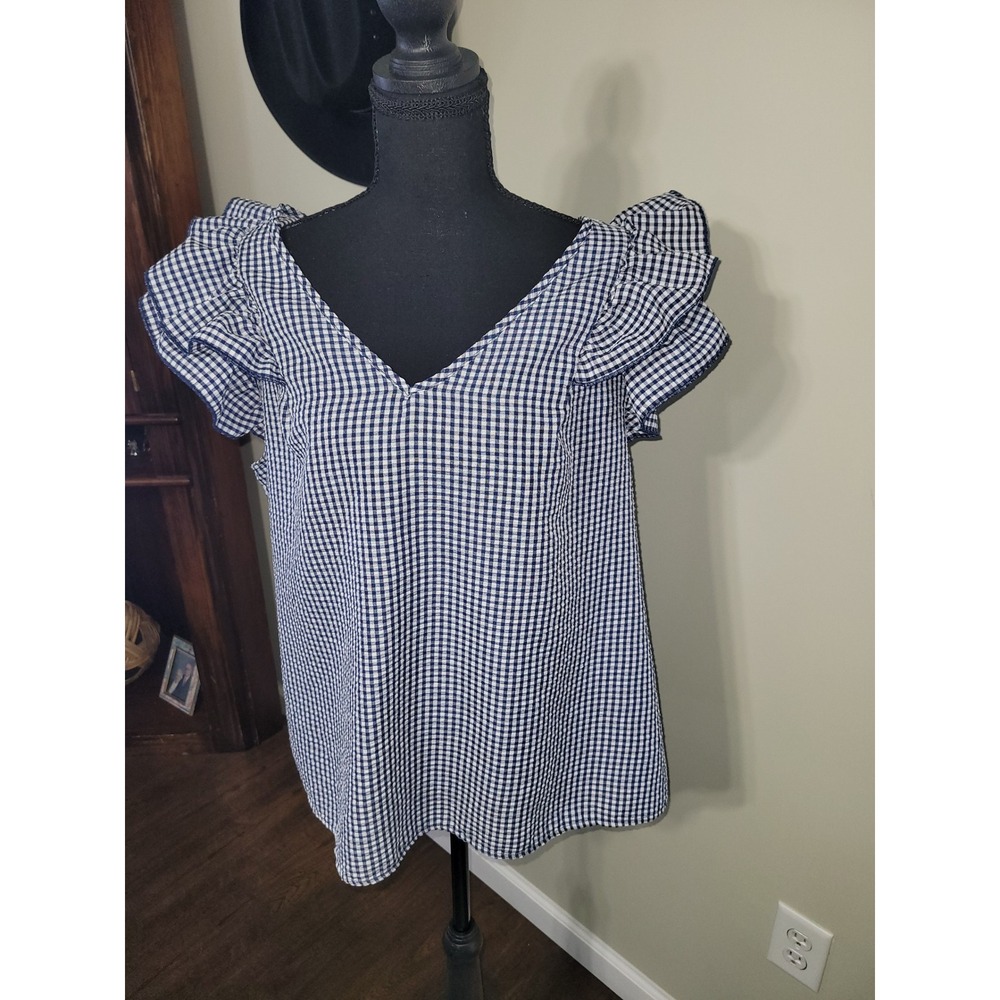 Emery Rose Blue White Gingham‎ Ruffle Sleeve V-Neck Blouse Top 1XL JIT21210074
